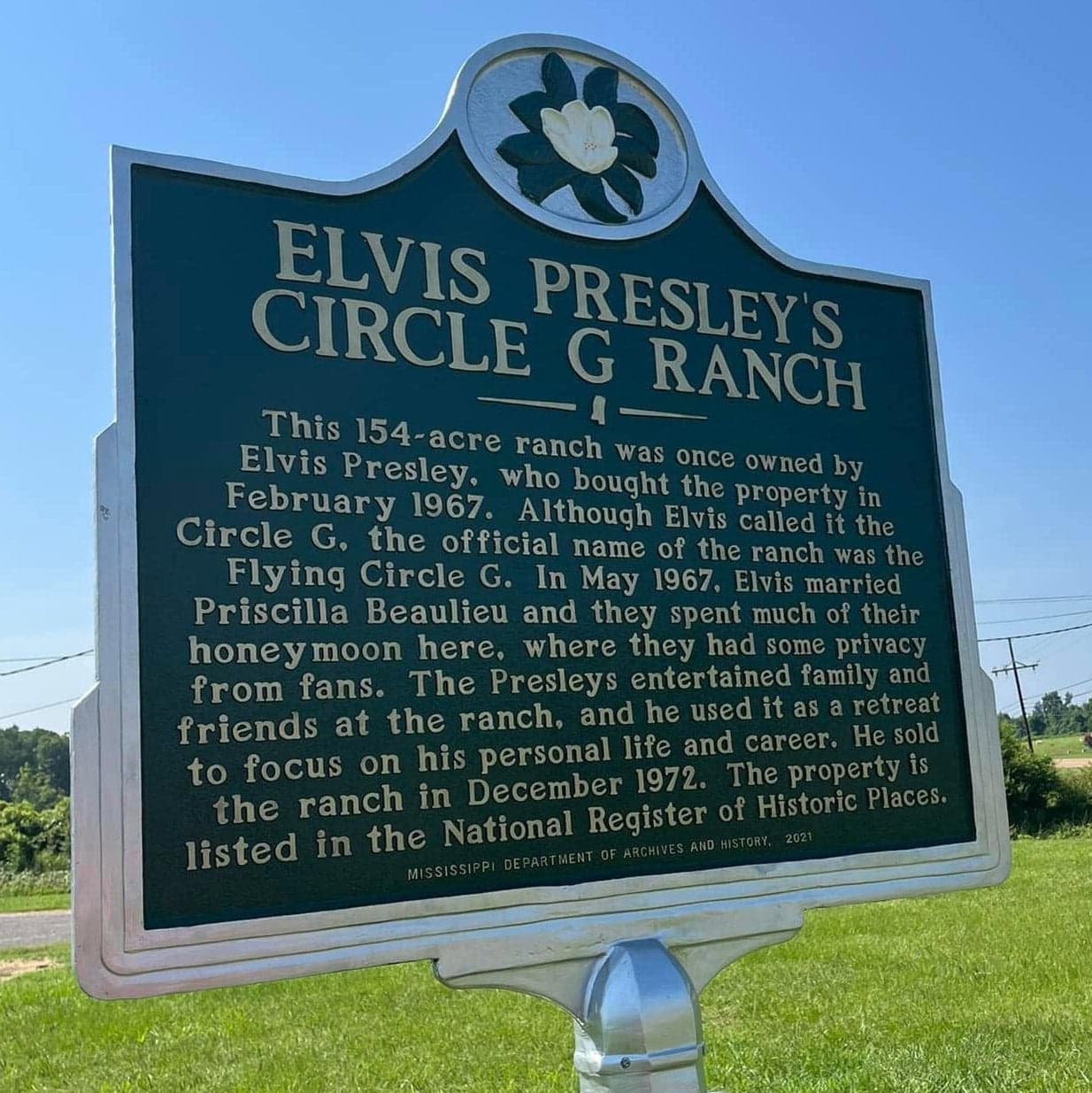 Historical marker for Elvis Presley's Circle G Ranch in Horn Lake